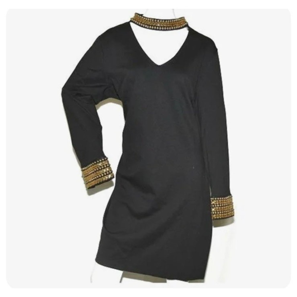 Vintage black gold embellished sequins Agaci Dress M